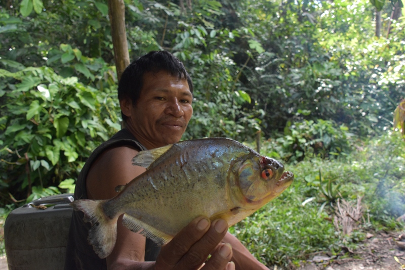 Hans har fanget en pirana i Amazonas, Colombia